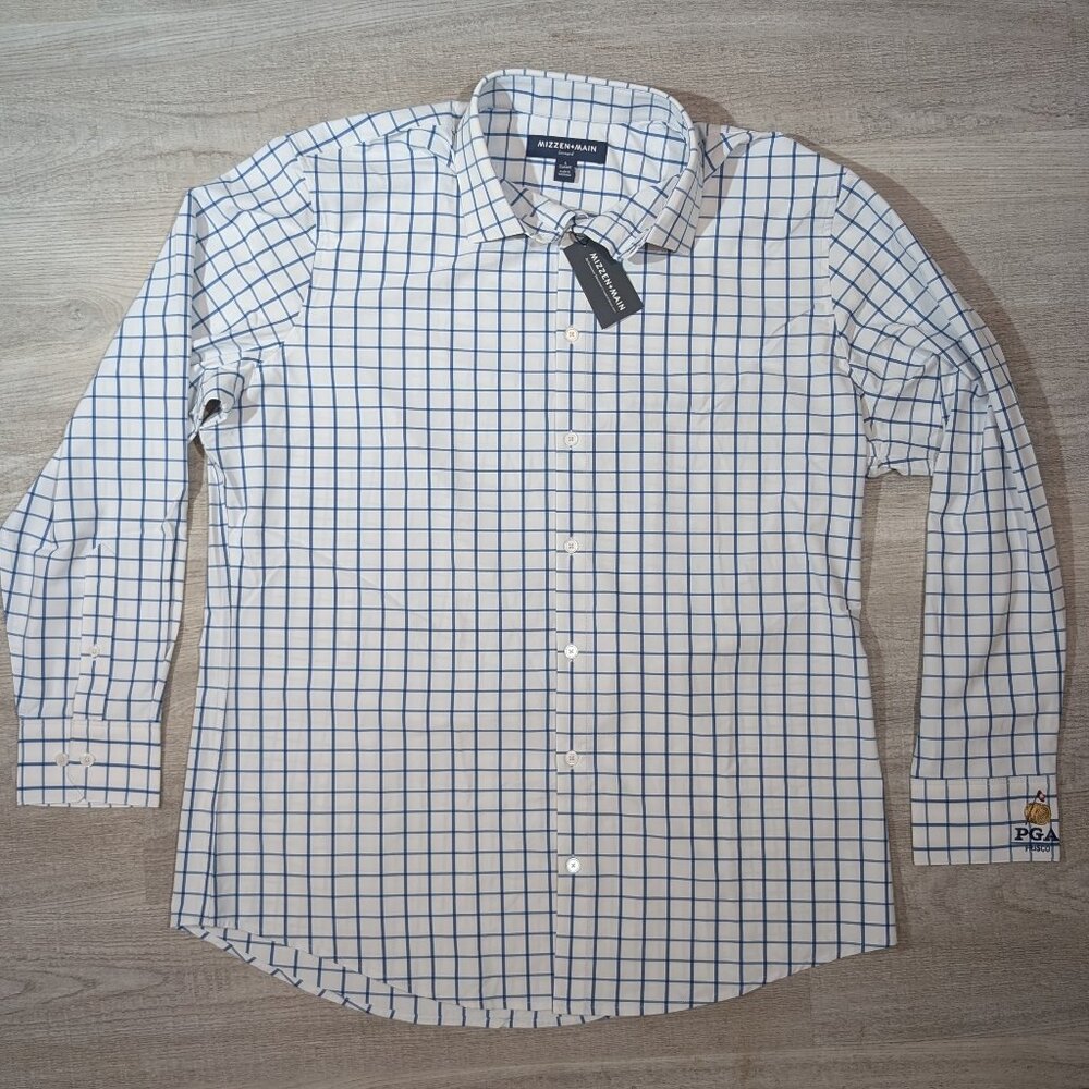 Mizzen+Main Leeward Classic Fit Dress Shirt Mens Large White Checker NWT PGA